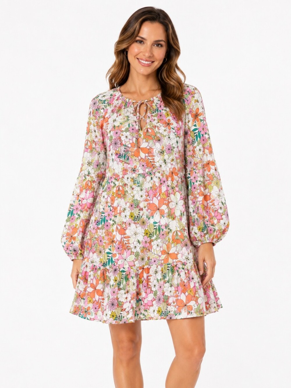 CeCe Floral Mini Dress XS Pink Orange Balloon‎ Sleeve Tie Neck Boho Cottagecore